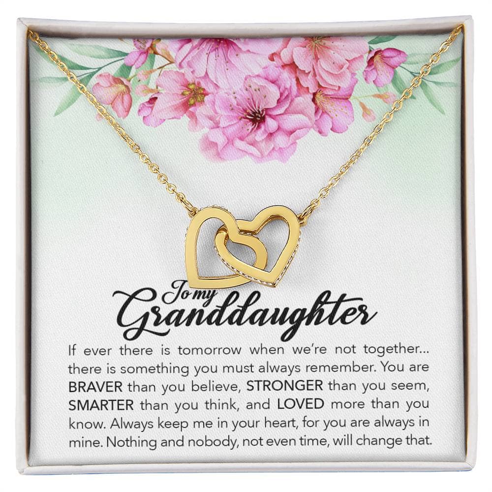 Interlocking Hearts Personalized Granddaughter Necklace: A necklace in a box, featuring alluring heart-shaped pendants symbolizing the everlasting love between grandparents and granddaughters.