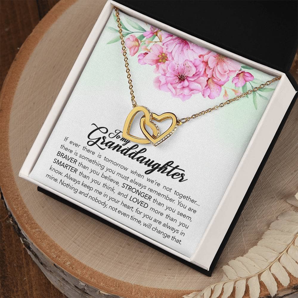 Interlocking Hearts Personalized Granddaughter Necklace: A necklace in a box, featuring alluring heart-shaped pendants symbolizing the everlasting bond between grandparents and granddaughters.