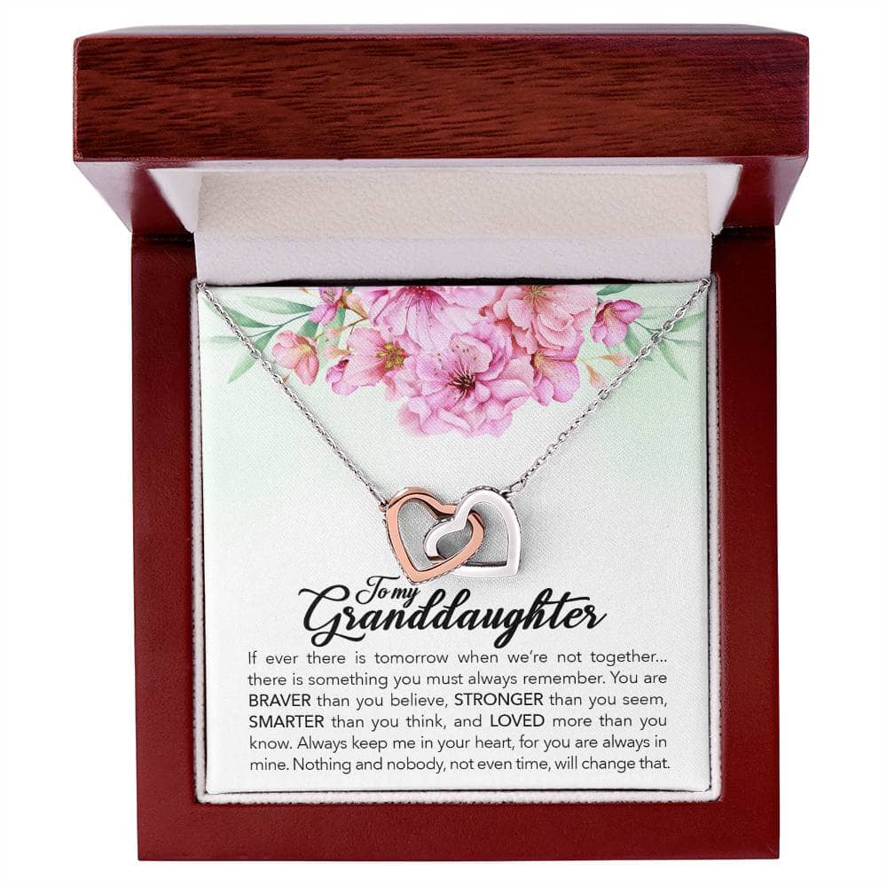 Interlocking Hearts Personalized Granddaughter Necklace: A necklace in a box with a heart pendant, symbolizing the everlasting love between grandparents and granddaughters.