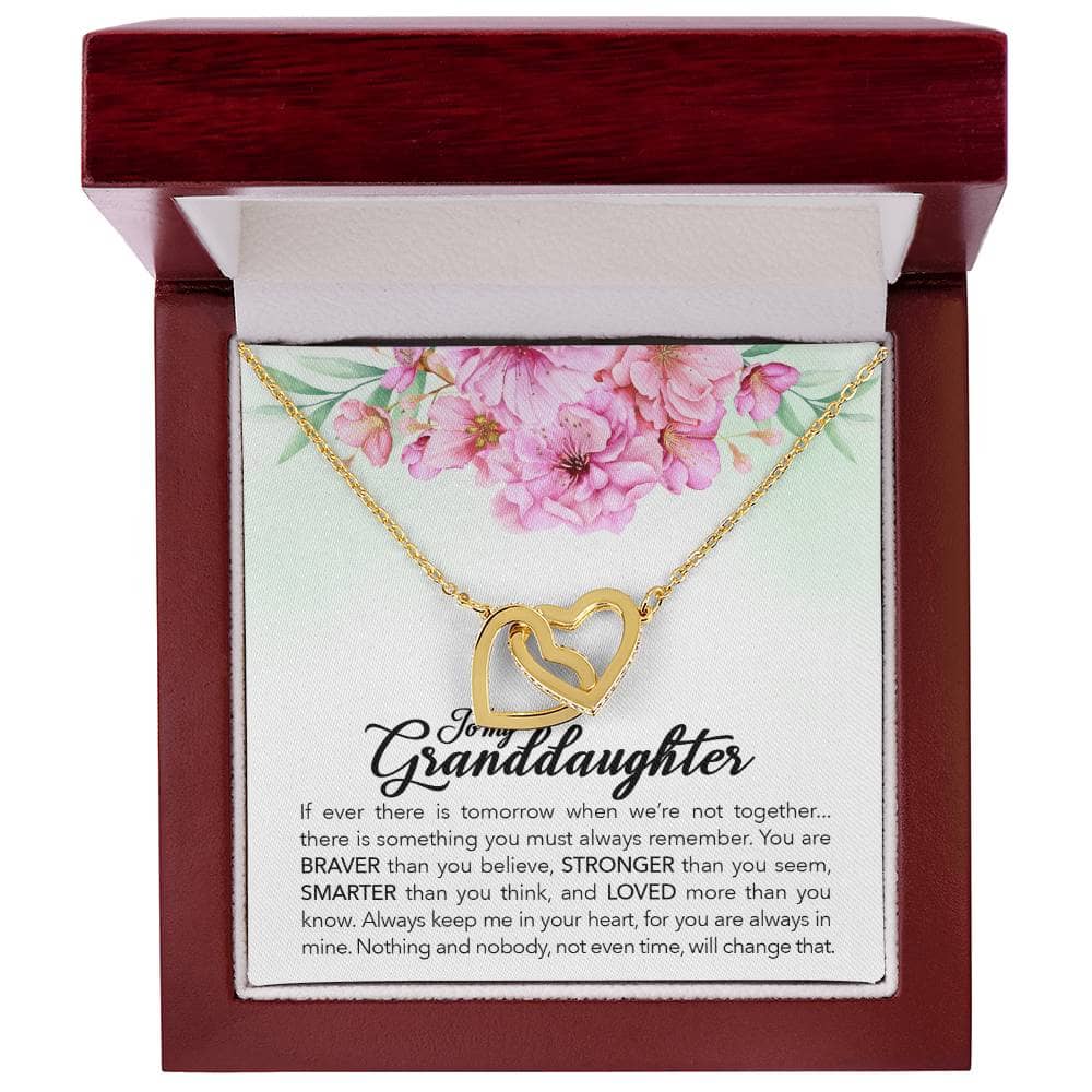 Interlocking Hearts Personalized Granddaughter Necklace: A gold heart necklace in a box, symbolizing the everlasting love between grandparents and granddaughters.