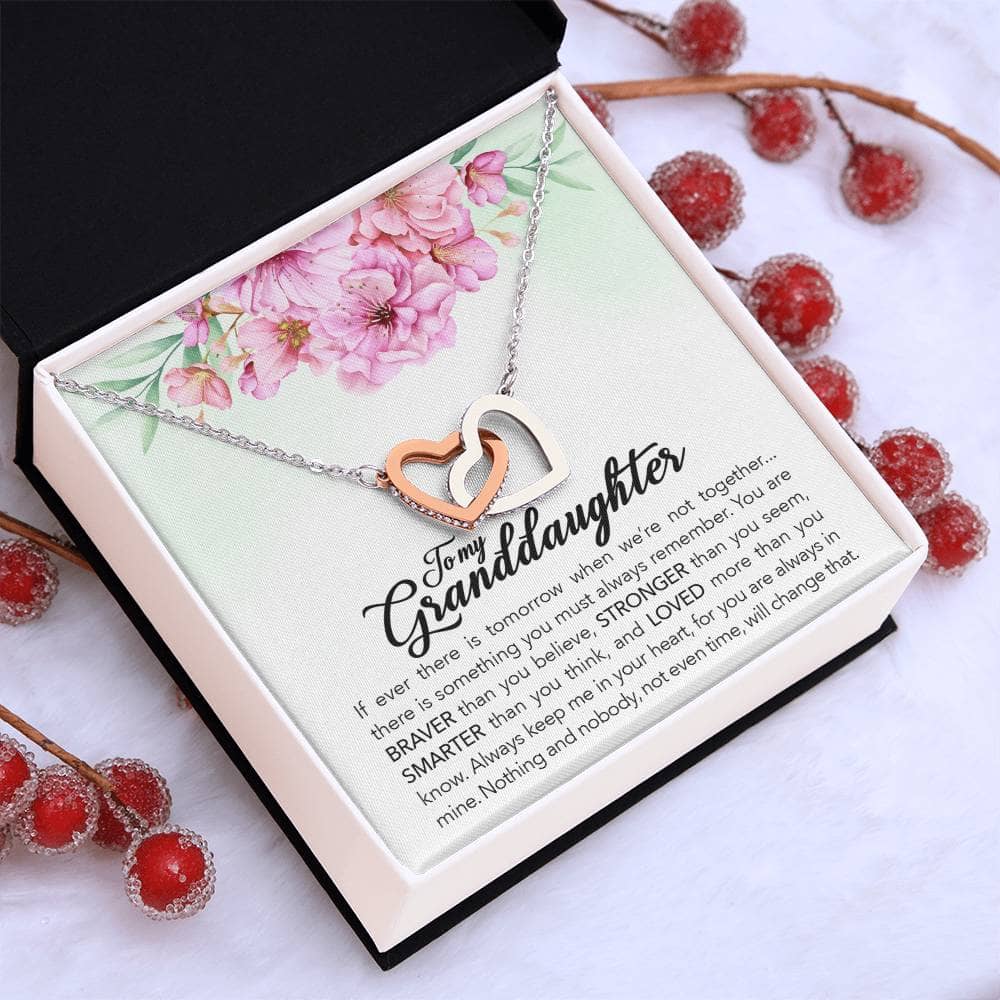 Interlocking Hearts Personalized Granddaughter Necklace in a mahogany-style box, symbolizing eternal love between grandparents and granddaughters.