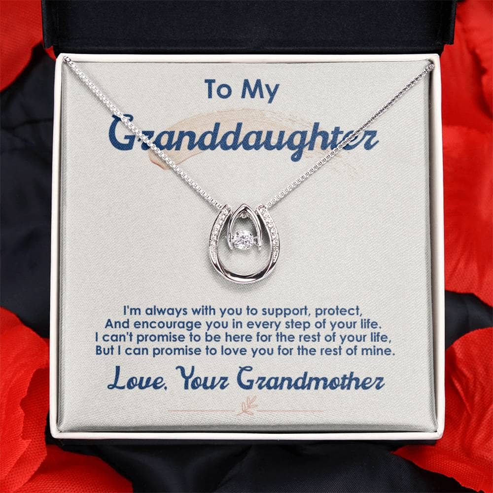 "Love for Eternity" Personalized Granddaughter Necklace in a box, showcasing a cushion-cut cubic zirconia pendant in the shape of a heart. Adjustable chain included.
