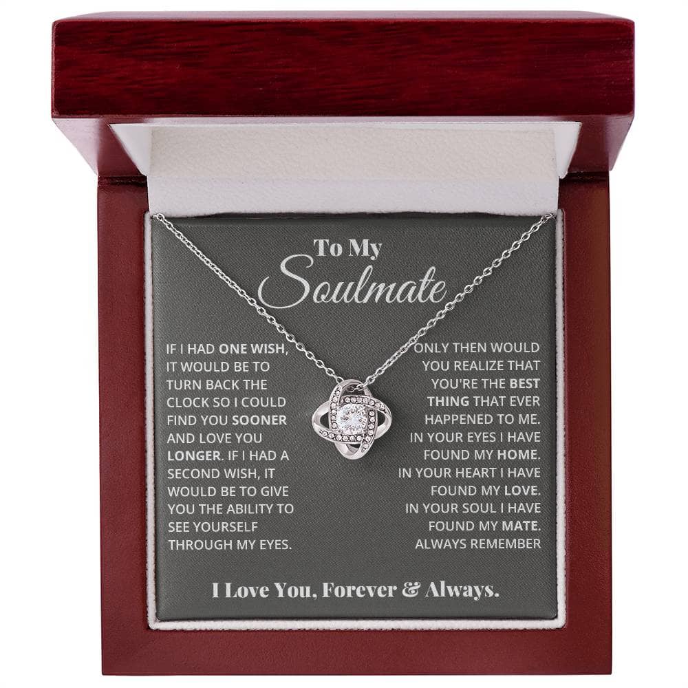 Alt text: "My Love Discovered in Your Heart - Soulmate Love Knot Necklace in a luxurious box with LED lighting"