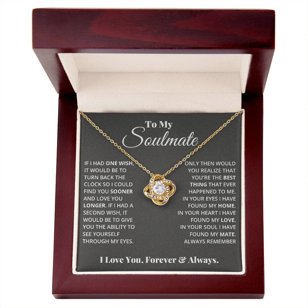 Alt text: "My Love Discovered in Your Heart - Soulmate Love Knot Necklace in a box"