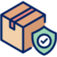 A box with a shield and check mark, a blurry image of a pink rectangle, a blue and white shield with a check mark, and a blue and white check mark in a circle. Mechanical puzzle, cube. Package Protection from Loss, Theft, & Damage.