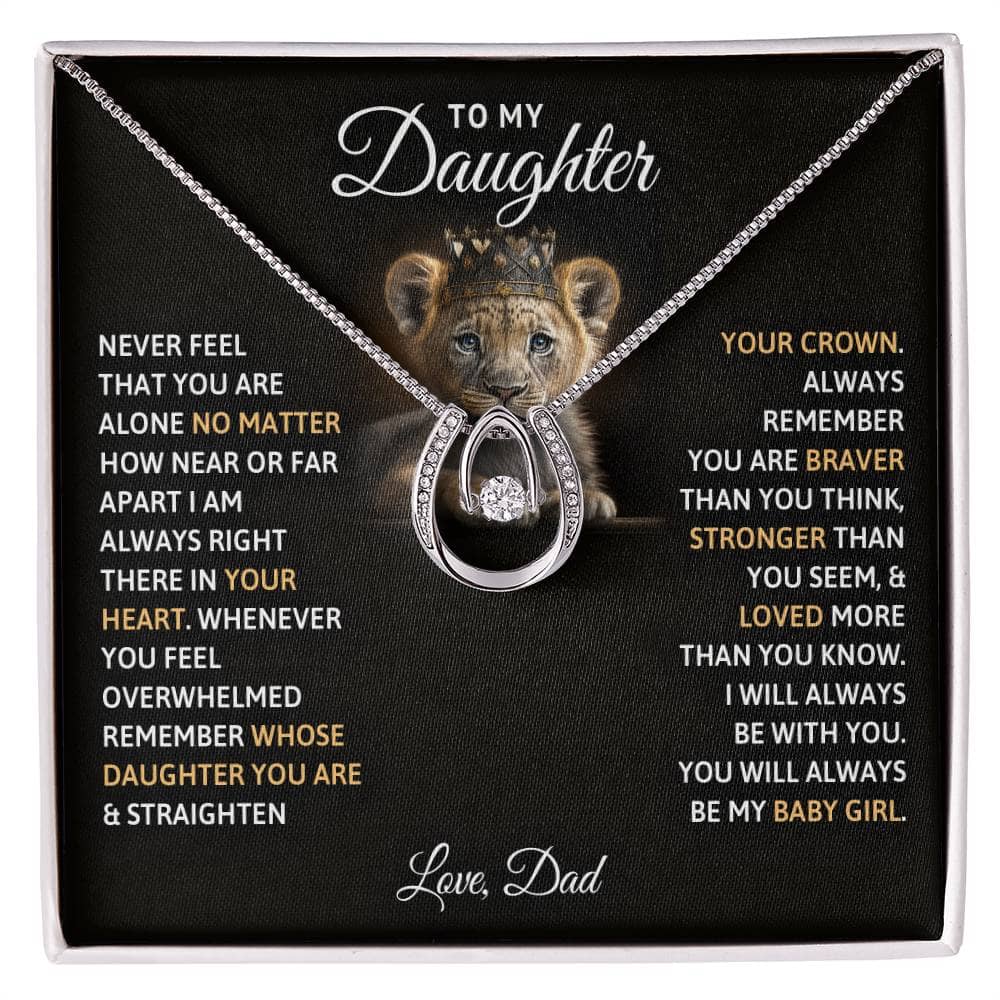 Alt text: "Personalized Daughter Necklace: Always My Baby Girl - A stunning necklace featuring a lion head pendant, crafted with superior cushion-cut cubic zirconia. Presented in a luxury box with LED lighting. Adjustable chain length. Hypoallergenic and safe for sensitive skin. Worldwide shipping available. From Bespoke Necklace."
