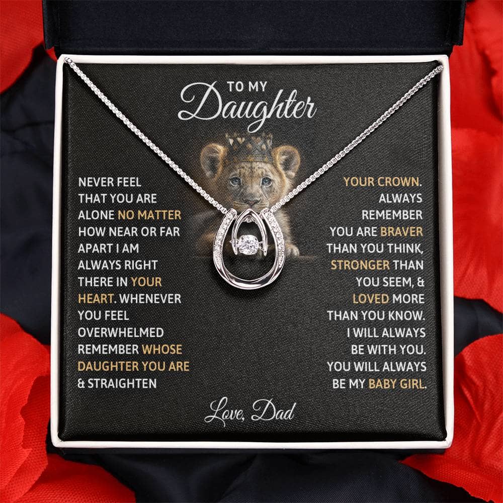 Alt text: "Personalized Daughter Necklace: Always My Baby Girl - A necklace in a box with a heart-shaped pendant and radiant cubic zirconia. Presented in a luxury box with LED lights. Perfect for gifting on birthdays, graduations, and special occasions. Crafted with love by Bespoke Necklaces."