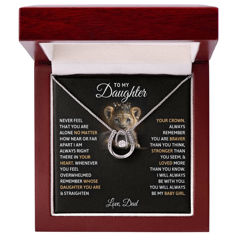 Alt text: "Personalized Daughter Necklace: Always My Baby Girl - A necklace in a box with a close-up view of the heart-shaped pendant and radiant cushion-cut cubic zirconia."