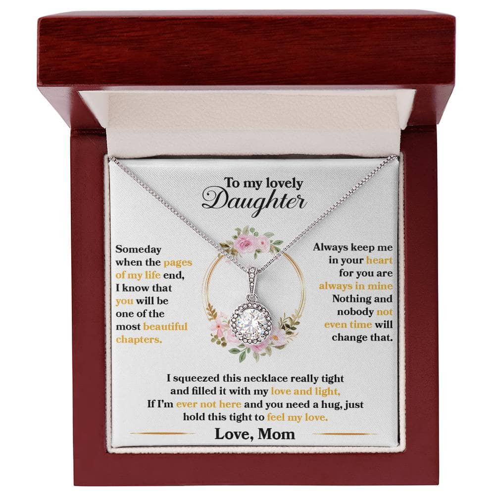 Alt text: "Personalized Daughter Necklace - A stunning necklace in a box, featuring a heart-shaped pendant adorned with cubic zirconia. Symbolizing eternal love and unbreakable bonds. Adjustable chain included. Luxury packaging with LED lighting."