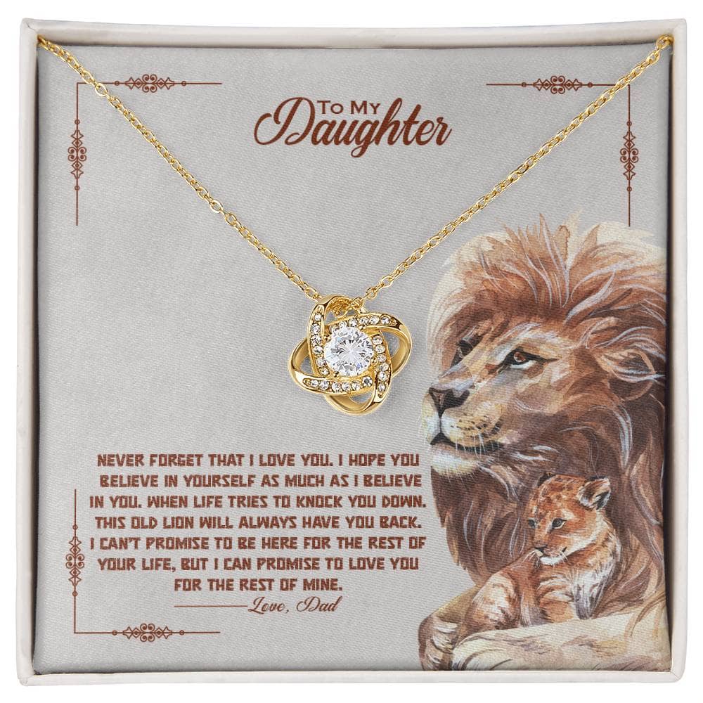 Alt text: "Personalized Daughter Necklace: A heart-shaped pendant with a lion and lion cub design, surrounded by a diamond. Packaged in an elegant box with LED lights."