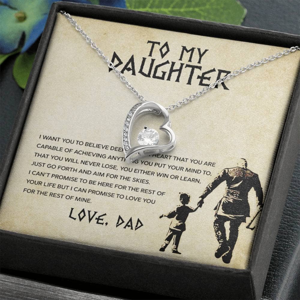 Alt text: "Personalized Daughter Necklace: A heart-shaped pendant necklace in an ornate box with LED lighting."