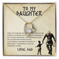 Alt text: "Personalized Daughter Necklace: Heart pendant in a box, symbolizing the bond between parent and daughter. Luxurious and elegant design with a gold heart and diamond. Perfect gift for special moments. Presented in an ornate mahogany-style box with LED lighting."