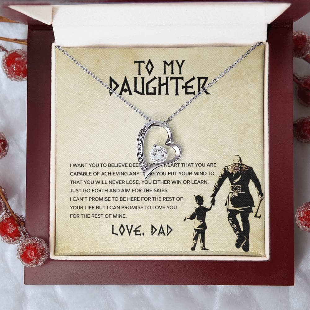 Alt text: "Personalized Daughter Necklace: Necklace in a box, featuring a diamond heart pendant. Symbolizes the cherished bond between parents and daughters. Luxury and love captured in one exquisite piece."