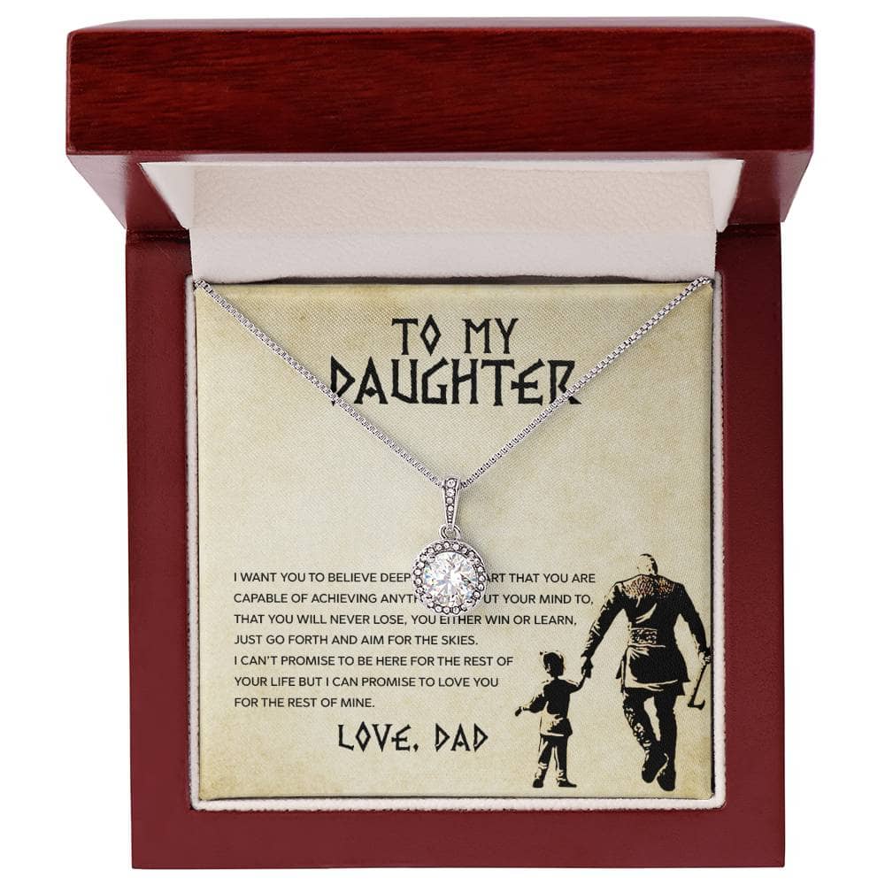 Alt text: "Personalized Daughter Necklace: Elegant bond, premium cubic-zirconia pendant in a mahogany-style box with LED lighting."