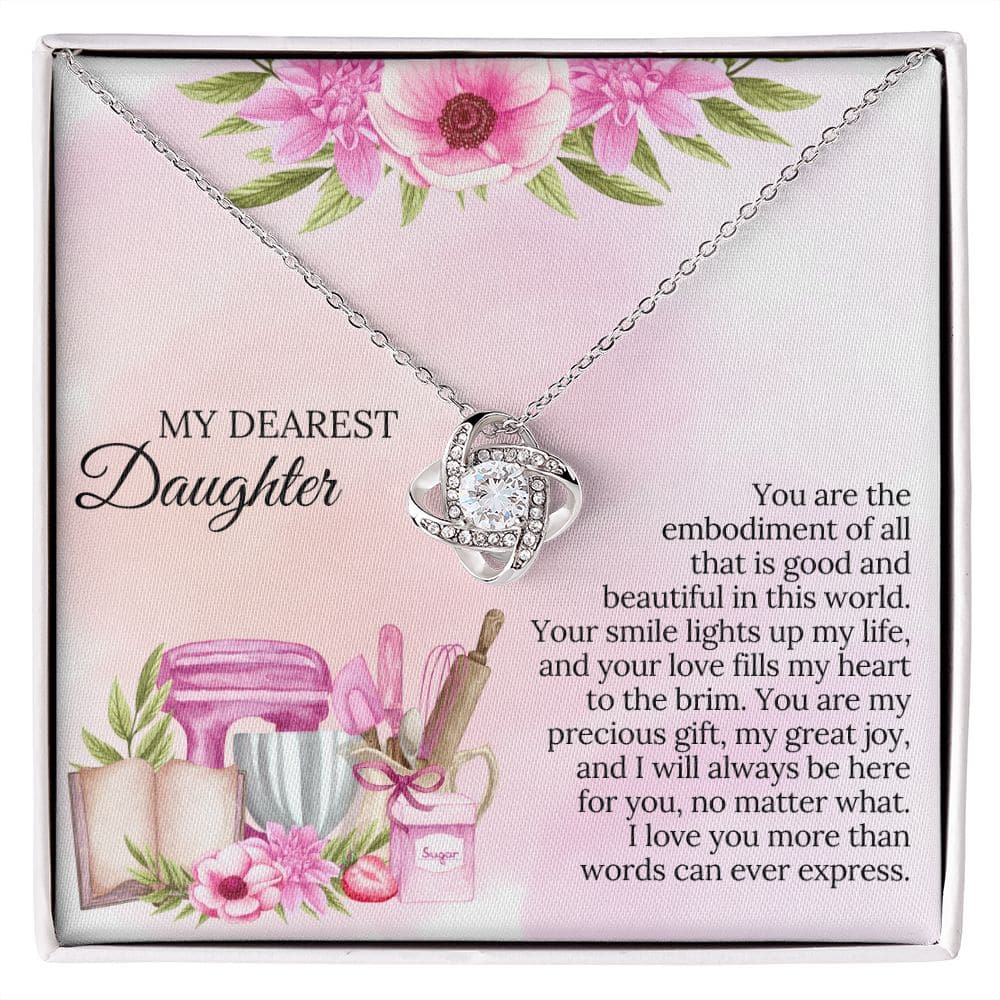 A close-up of an elegant and chic personalized daughter necklace in a box.