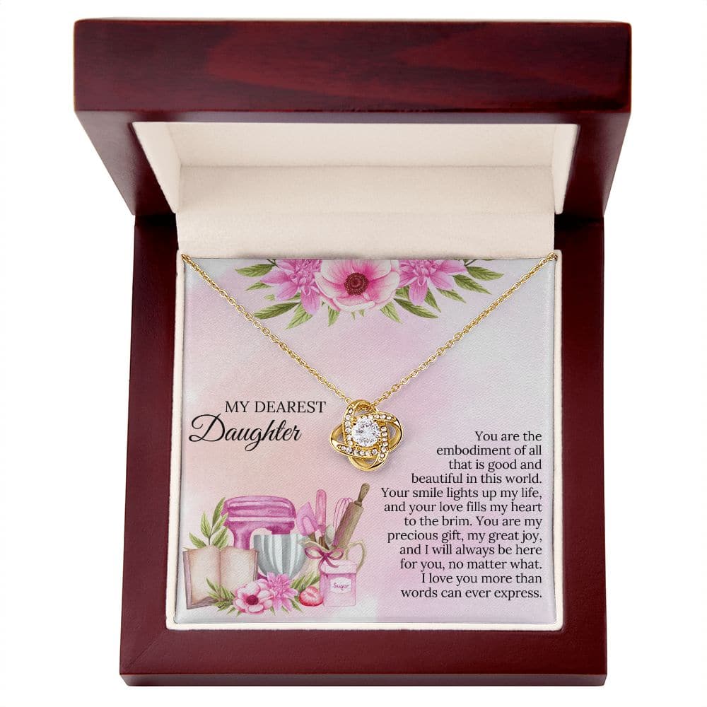 A close-up image of the "To My Daughter Necklace" in a luxurious mahogany-style box with embedded LED lights.