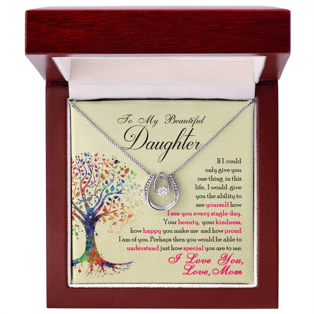 Alt text: "Personalized Daughter Necklace - Elegant Cubic Zirconia Heart Pendant in a Luxurious Mahogany-Styled Box with LED Lighting"