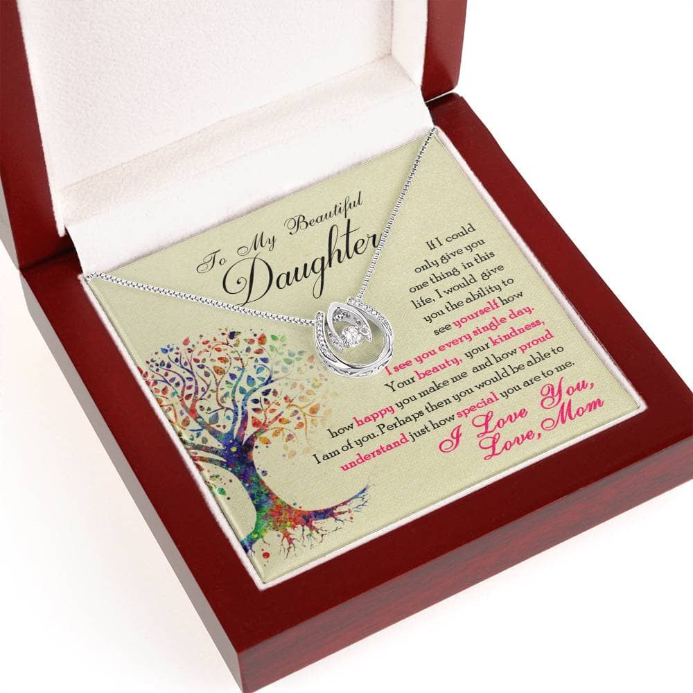 Alt text: "Personalized Daughter Necklace - Elegant Cubic Zirconia Heart Pendant in Luxurious Mahogany Box with LED Lighting"