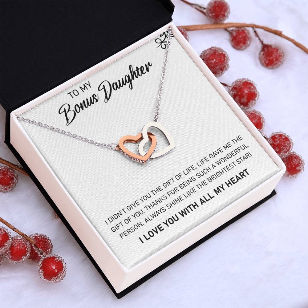 Alt text: "Personalized Daughter Necklace - Elegant Design, heart-shaped pendant with cubic zirconia, adjustable chain, presented in luxurious box with LED lights"