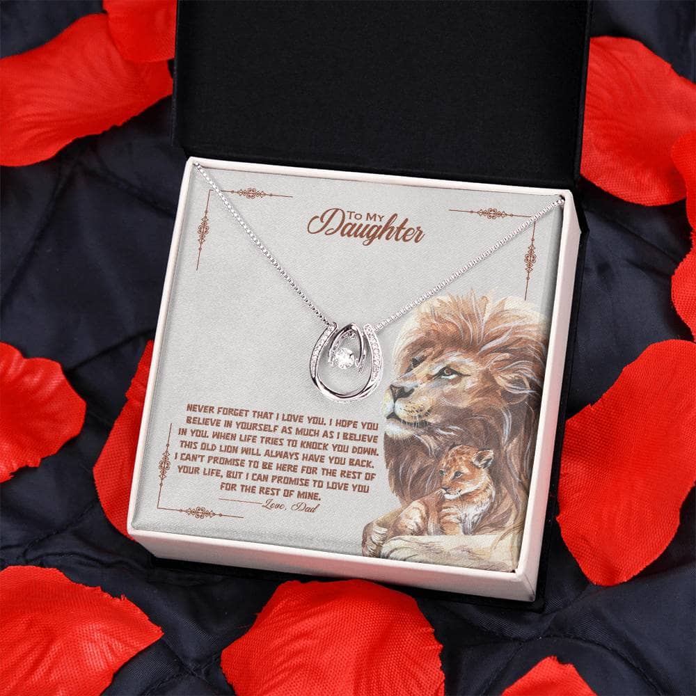 Alt text: "Personalized Daughter Necklace - heart-shaped pendant in a mahogany-style box, adorned with cubic zirconia crystals, adjustable chain included"