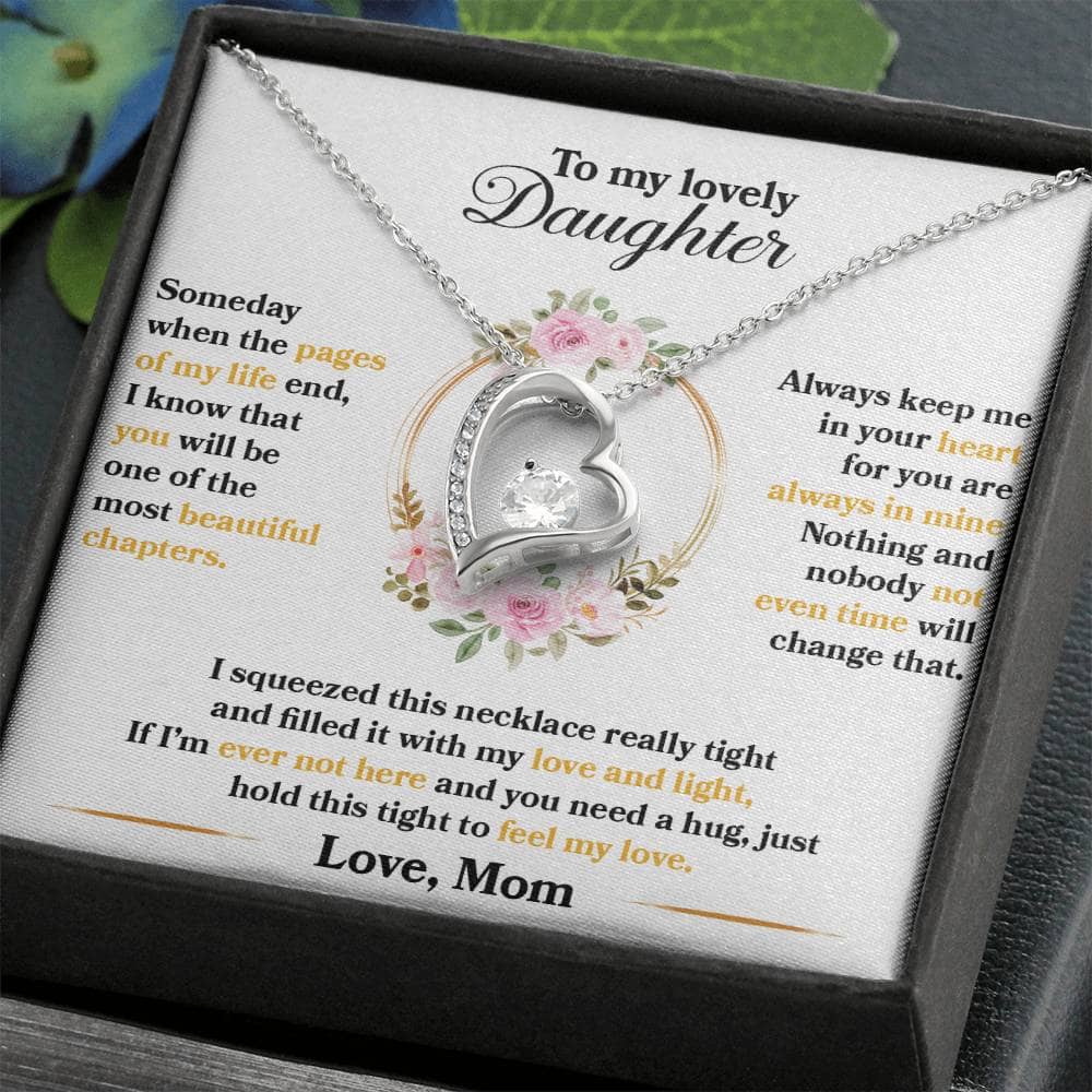Alt text: "Personalized Daughter Necklace - Elegant Heart Pendant with Cushion-cut Cubic Zirconia in a Mahogany-style Box with LED Lighting"