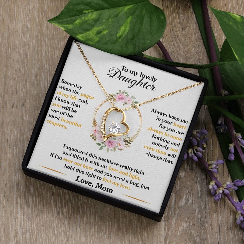 Alt Text: Personalized Daughter Necklace - Elegant Heart Pendant with Cubic Zirconia in Mahogany-Style Box with LED Lighting