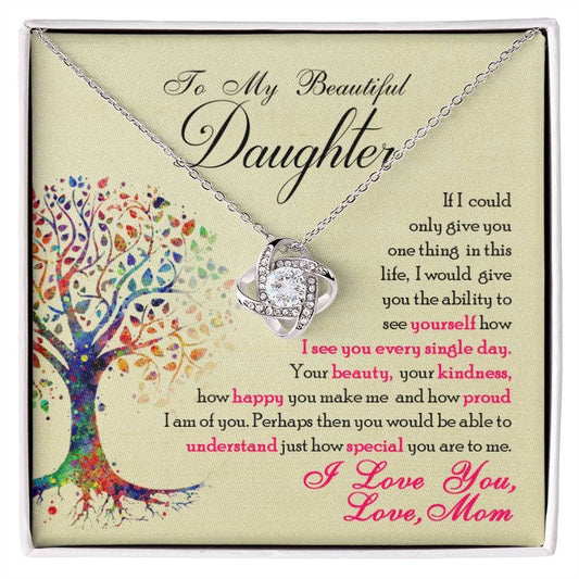 Alt text: "Personalized Daughter Necklace: Elegant Love Knot Design, featuring a tree of life pendant and text. Perfect gift for birthdays, holidays, and milestones. Comes in a luxurious mahogany-styled box with LED lighting."