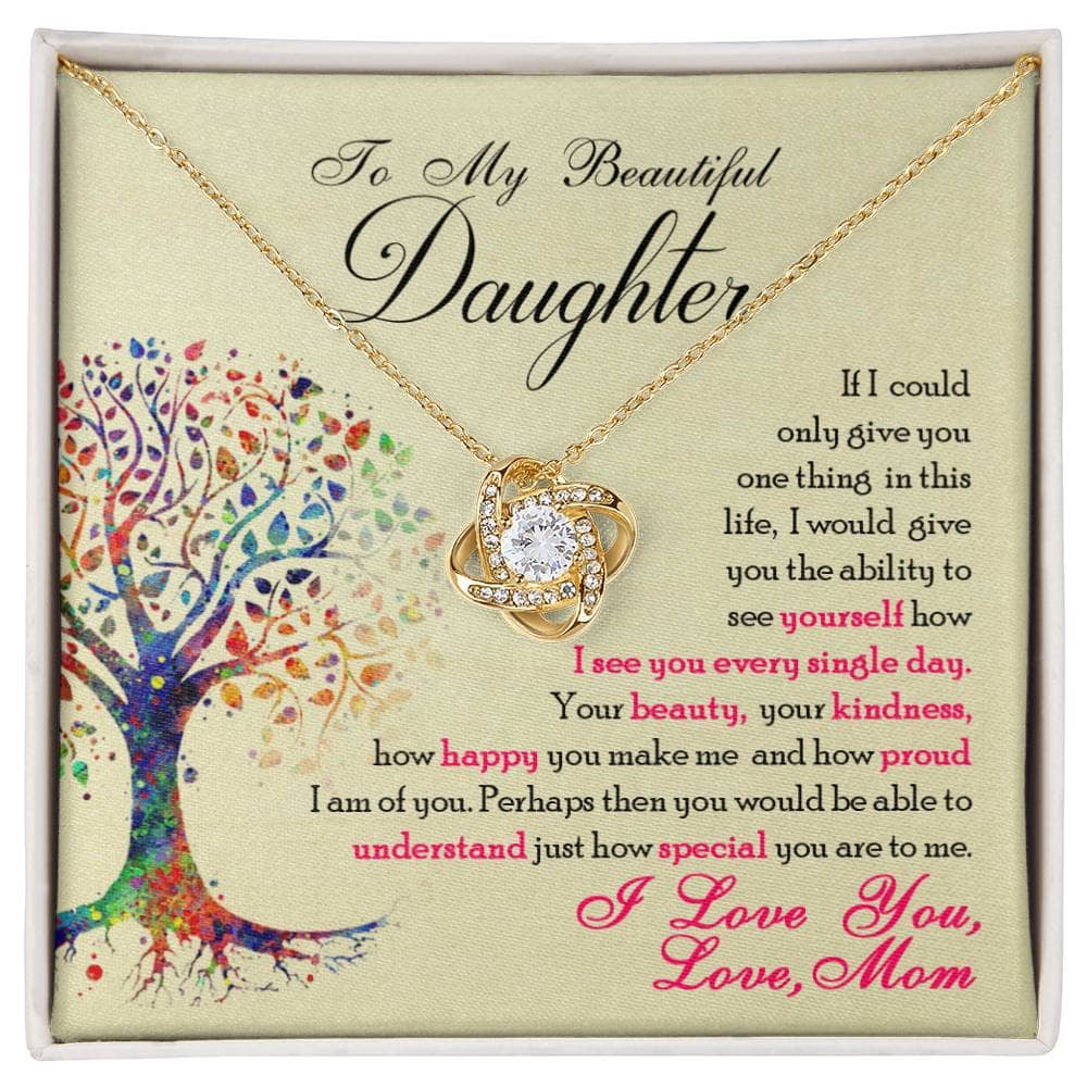 Alt text: "Personalized Daughter Necklace: Diamond pendant in a box, symbolizing an unbreakable bond. Adjustable chain, elegant mahogany-styled box with LED lighting. Finest cubic zirconia, crafted with love by Bespoke Necklaces."