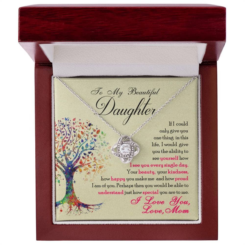 Alt text: "Personalized Daughter Necklace: Elegant Love Knot Design in a box, featuring a shimmering cubic zirconia pendant on an adjustable chain. Perfect gift for birthdays, holidays, and milestones. Comes in a luxurious mahogany-styled box with LED lighting."