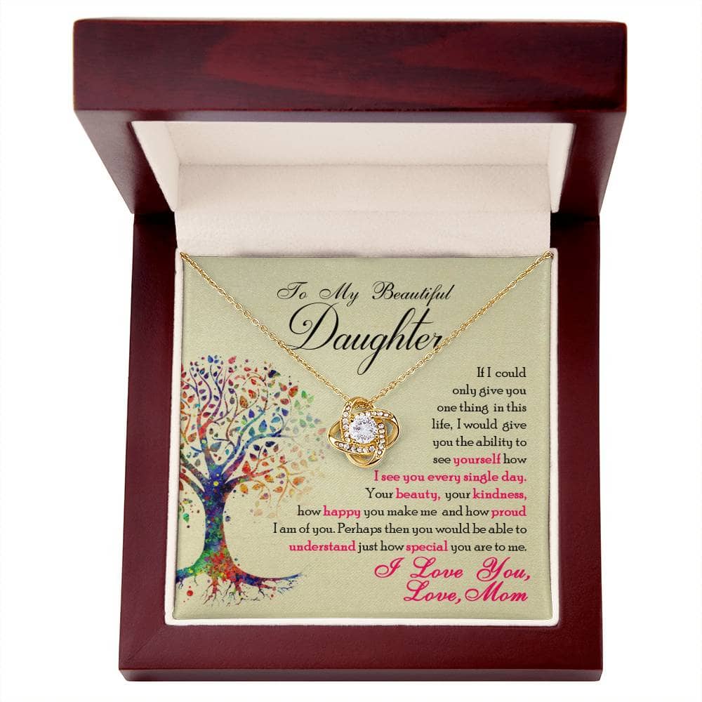 Alt text: "Personalized Daughter Necklace: Elegant Love Knot Design in a box with LED lighting"