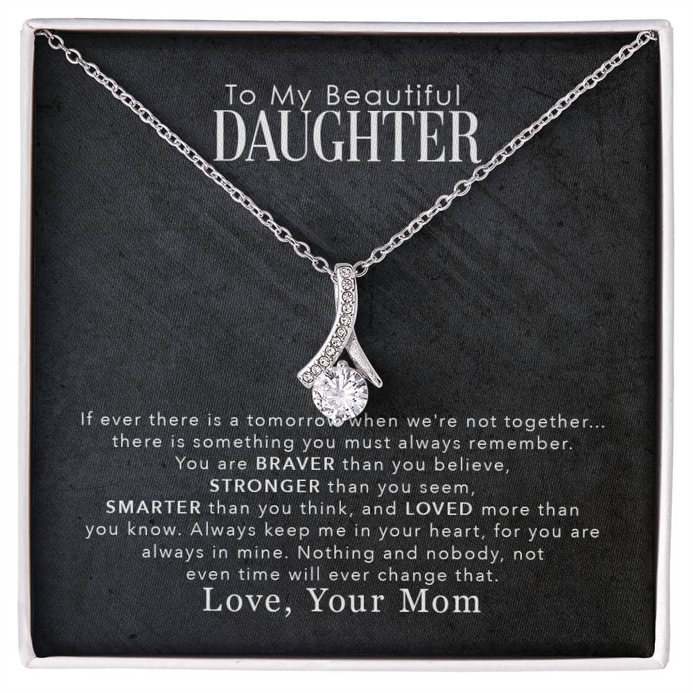 Alt text: "Personalized Daughter Necklace: Diamond pendant in a box, symbolizing everlasting love and familial bond. Made with superior materials, crafted in the USA. Adjustable length, 14k white gold or 18k yellow gold finish. Unforgettable gifting experience."