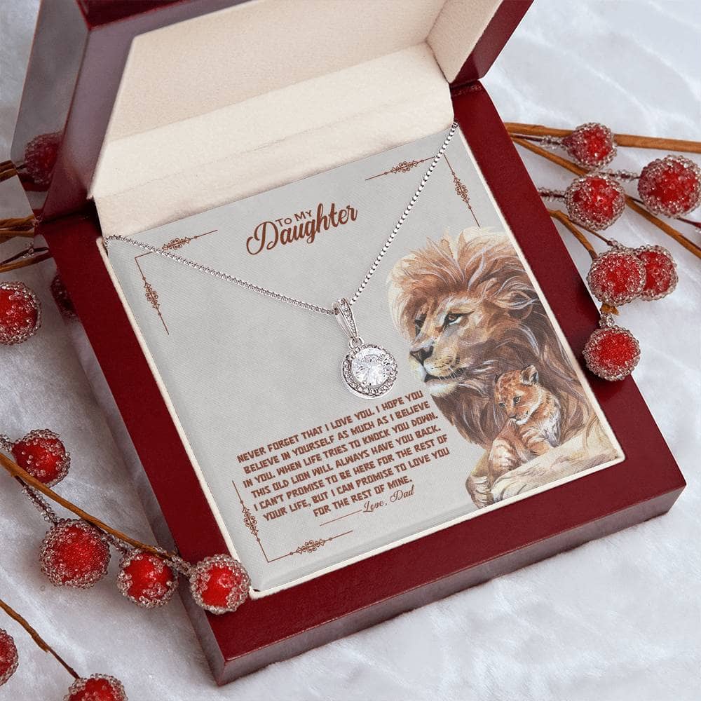 Alt text: "Personalized Daughter Necklace in a box with red berries, symbolizing the eternal bond between parents and daughters."