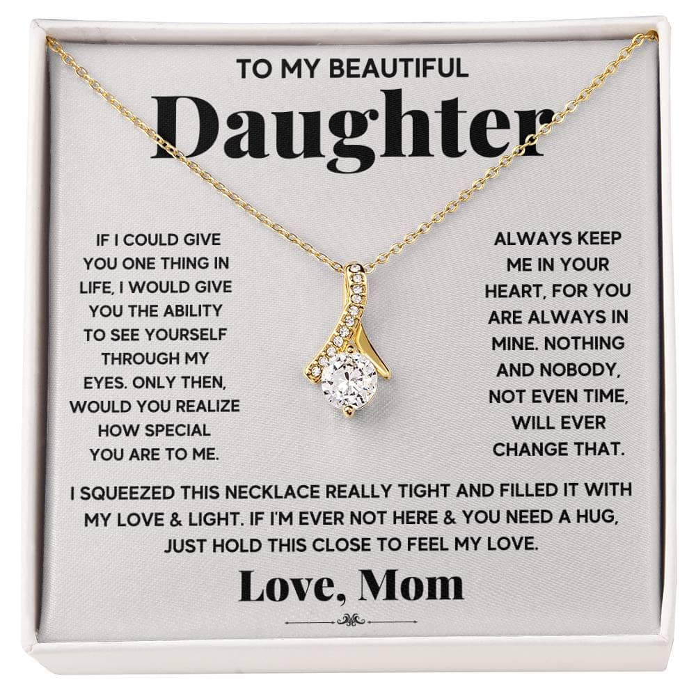 Alt text: "Personalized Daughter Necklace - a necklace in a box with a close-up of a diamond pendant"