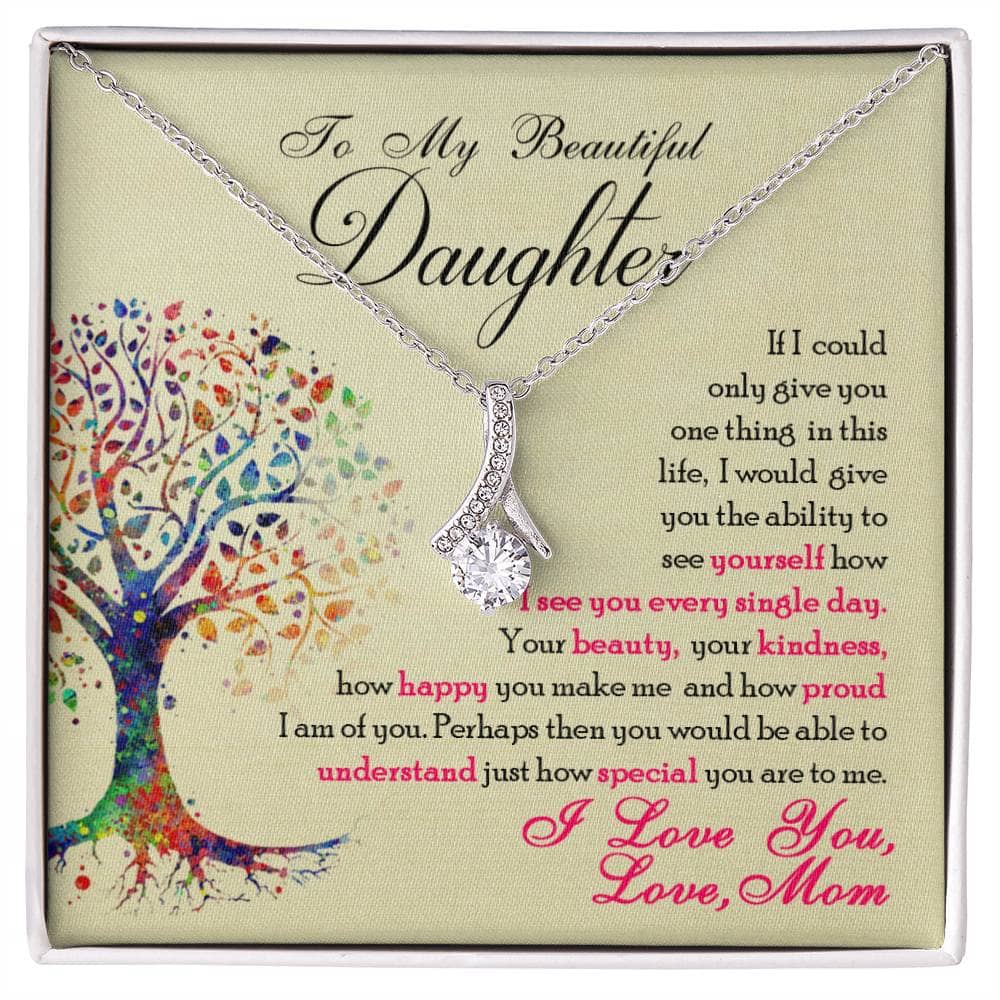 Alt text: Personalized Daughter Necklace - Tree of Life and Words Pendant, Diamond Ring Close-up, Colorful Tree Leaves