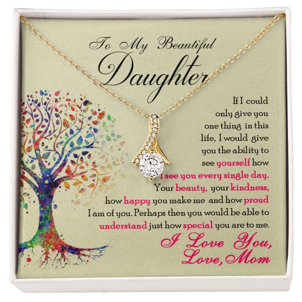 Alt text: "Personalized Daughter Necklace in Mahogany-style Box with LED Lighting - Elegant, Symbolic Tribute to Parent-Daughter Bond"