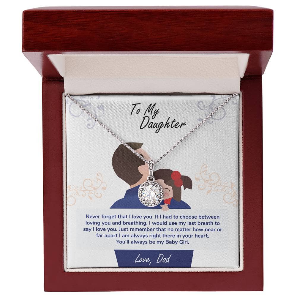 Alt text: "Personalized Daughter Necklace - Eternal Hope: A necklace in a box with a diamond pendant on a chain, symbolizing the bond between parent and child. Adorned with a sparkling cushion-cut cubic zirconia. Adjustable chain for a perfect fit. Packaged in a luxury mahogany-style box with LED lights."