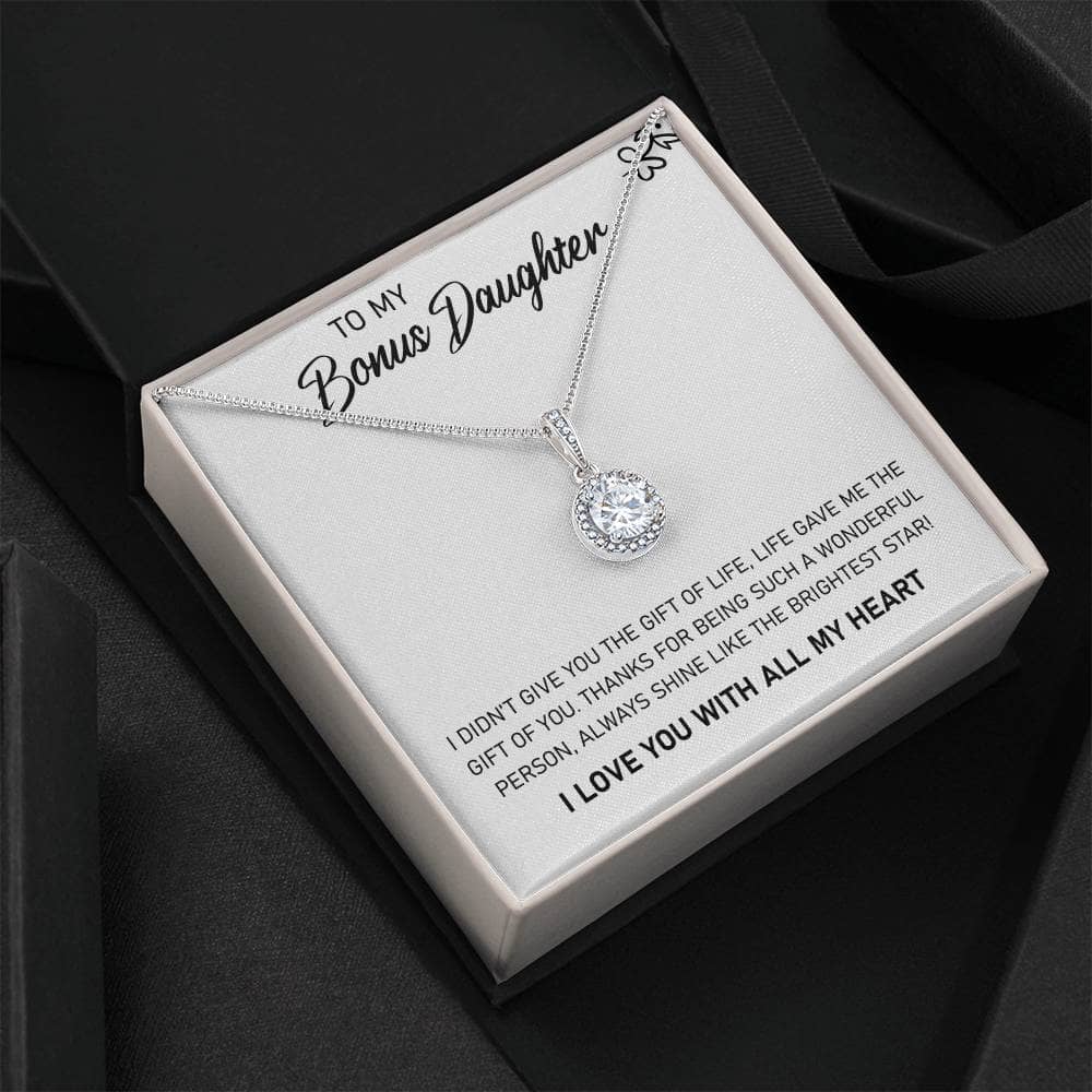 A personalized necklace in a box, symbolizing the unending love between a parent and a daughter.