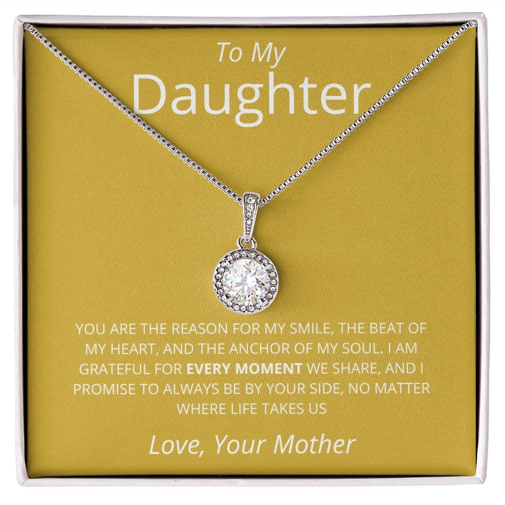 Alt text: "Personalized Daughter Necklace - A necklace in a box with a diamond pendant, symbolizing limitless love and adoration. A perfect gift from a mother to her daughter. Exquisite elegance."