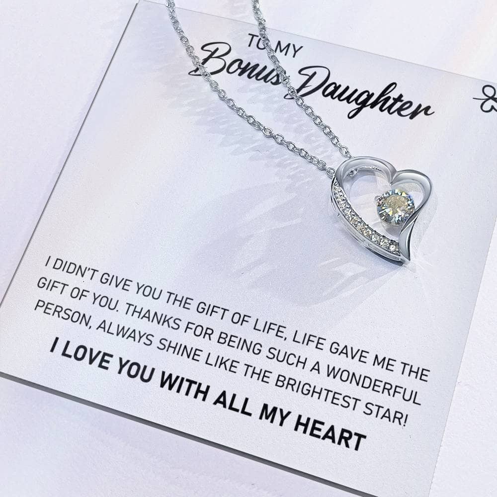 A close-up of a heart-shaped necklace on a card, the 