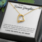 Alt text: "Personalized Daughter Necklace - A necklace in a box, featuring a heart-shaped pendant with a cushion-cut cubic zirconia, symbolizing unbreakable parent-daughter bonds."