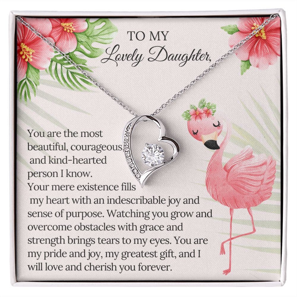 Alt text: "Personalized Daughter Necklace - Forever Love: A heart-shaped pendant with a cushion-cut cubic zirconia stone in a mahogany-style box with LED lighting."