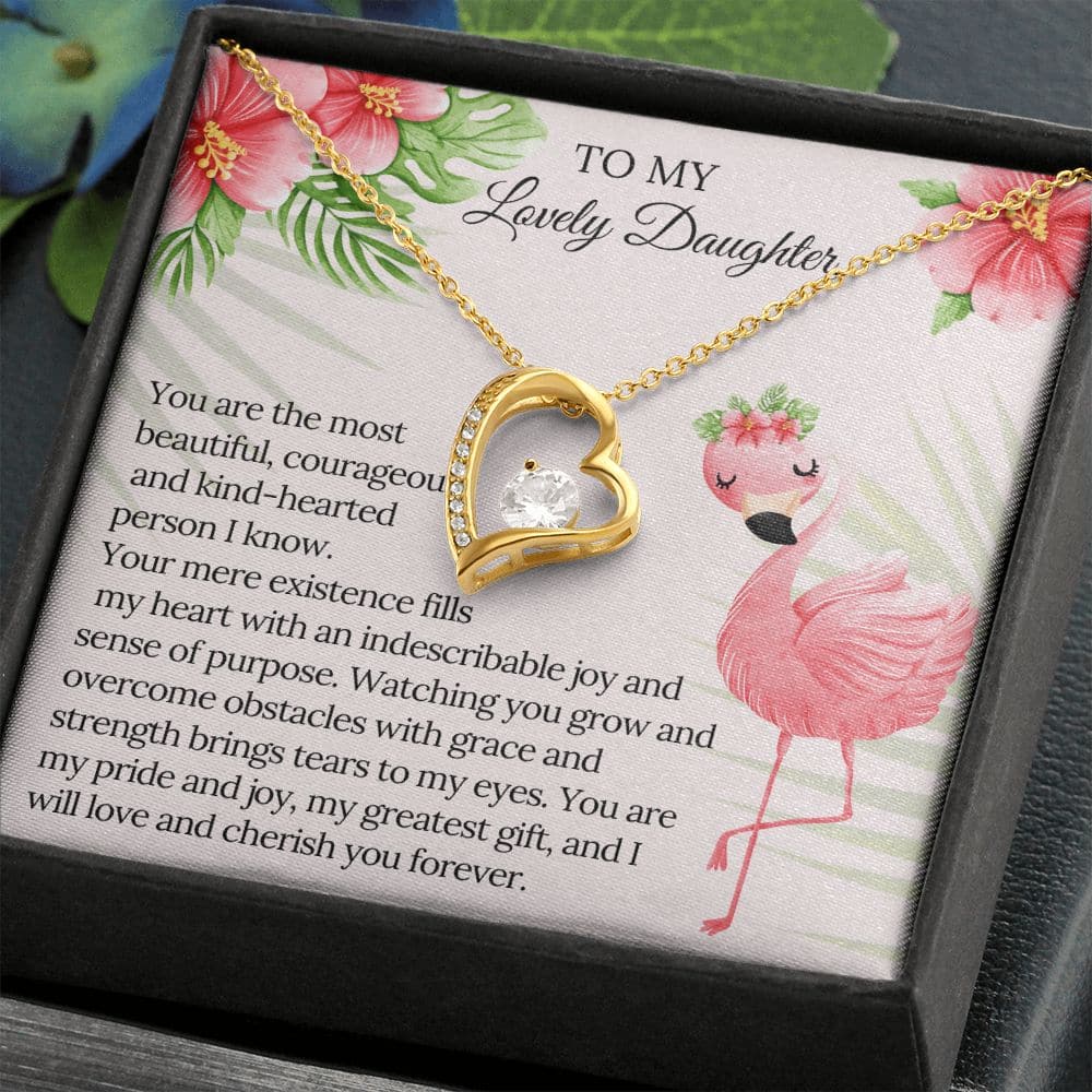 A personalized daughter necklace in a box, symbolizing the enduring love between a parent and daughter. Crafted with exquisite materials and a cushion-cut cubic zirconia stone, this necklace is a timeless symbol of cherished memories.