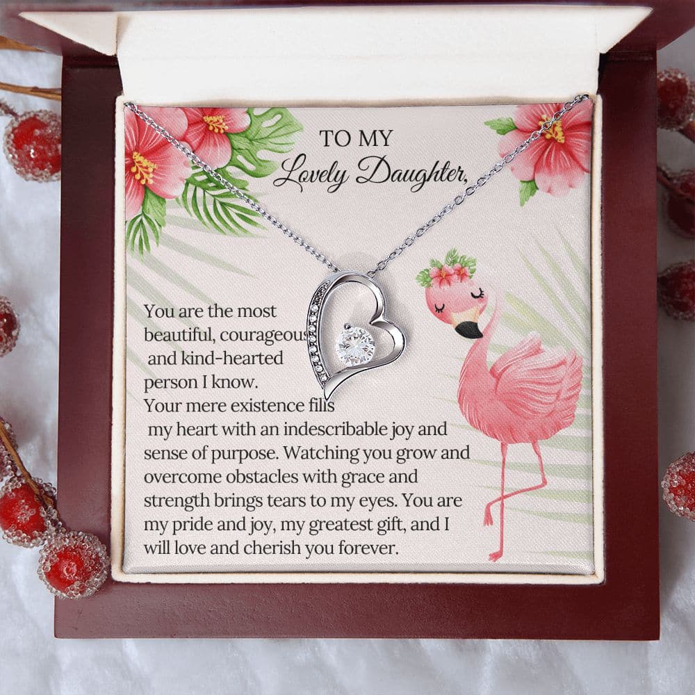 A close-up of a Personalized Daughter Necklace - Forever Love, featuring a heart-shaped pendant with a cushion-cut cubic zirconia stone in a luxurious Mahogany-style box.