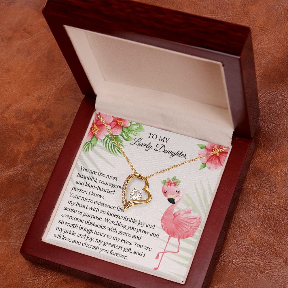 Alt text: Personalized Daughter Necklace - Forever Love, a heart-shaped pendant with a cushion-cut cubic zirconia stone in a luxurious box with LED lighting.