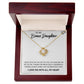 A personalized daughter necklace, heart-shaped pendant with a cushion-cut cubic zirconia. Delivered in an elegant mahogany-themed box with LED illumination.