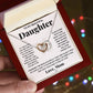 Alt text: "Personalized Daughter Necklace - Interlocking Hearts, a hand holding a necklace with heart-shaped pendants adorned with sparkling CZ crystals, suspended from a chain."