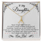 Alt text: "Personalized Daughter Necklace: Love Bond - Necklace in a box with a close-up of a diamond pendant"