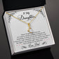 Alt text: "Personalized Daughter Necklace: Love Bond - a necklace in a box with cushion-cut cubic zirconia pendant and adjustable chain."