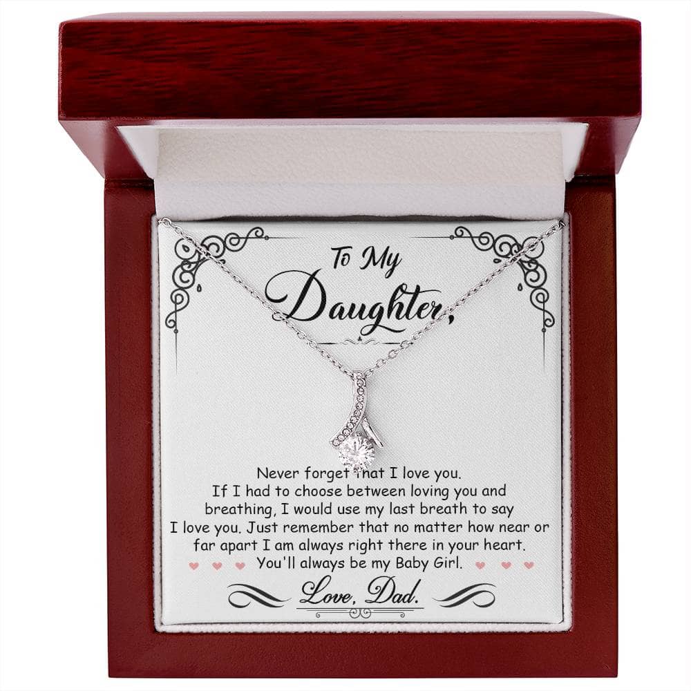 A personalized Daughter Necklace: Love Bond, adorned with a heart-shaped pendant and cubic zirconia. Comes in a luxury box for an enchanting unboxing experience.