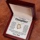 Alt text: "Personalized Daughter Necklace in a box, featuring a heart-shaped pendant on a gold chain, symbolizing unbreakable bonds. LED-lit mahogany-style packaging."